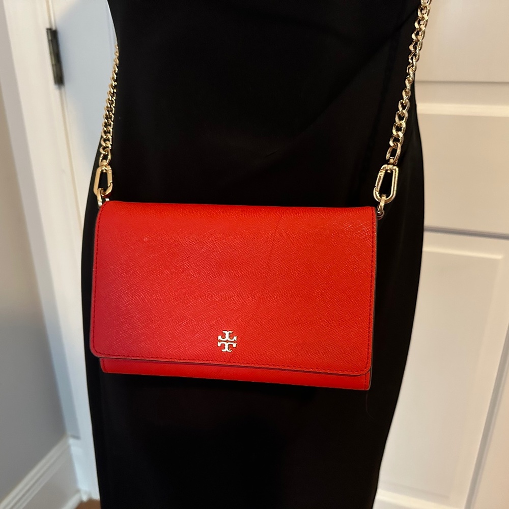 Red Tory Burch Purse with Gold Chain